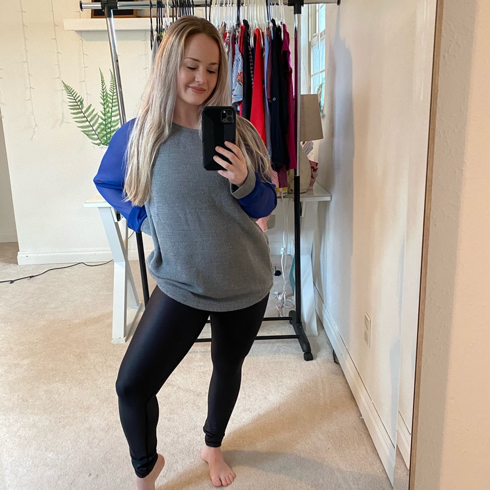 Long sleeve top. With navy sheer sleeves